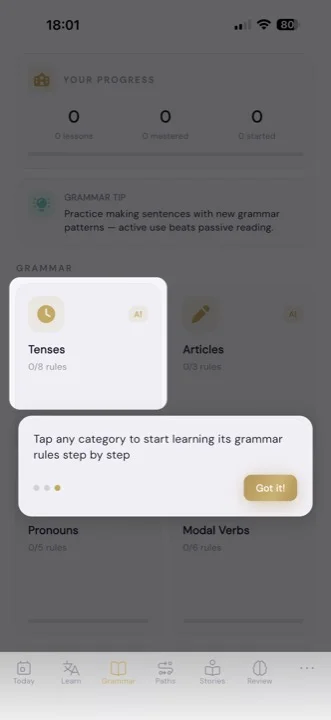 Gablio grammar categories screen
